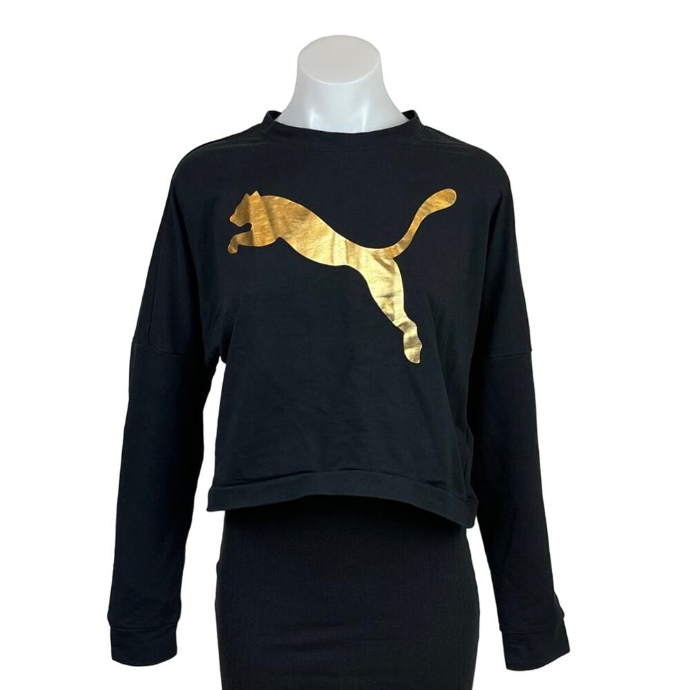 Puma Women's Black Gold Metallic Logo Cozy Pullover Sweater Sweatshirt Top S